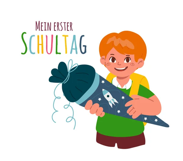 A firstgrade boy holding a school cone, schultuete.Text in German-my first day of school.Enrolment, german tradition. — стоковый вектор