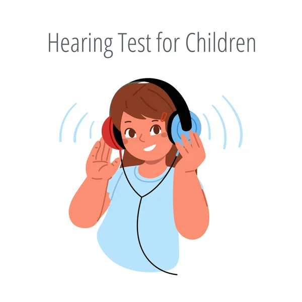 La niña sonriente está usando auriculares y tomando una prueba de audiencia.Examen auditivo para niños. — Archivo Imágenes Vectoriales