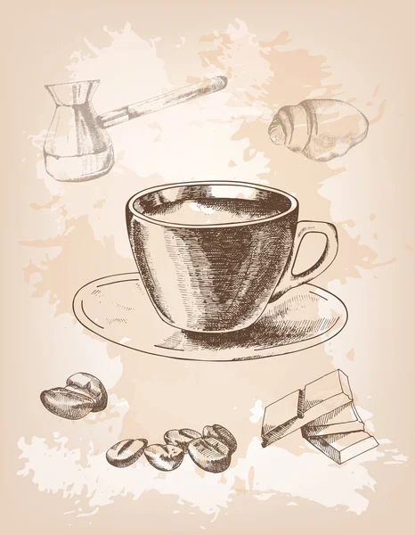 Tasse à café sur un beau fond fait à la main — Image vectorielle