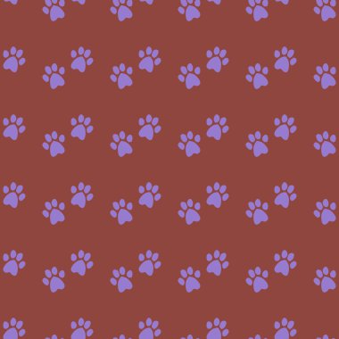 Kırmızı zemin üzerine şirin seamless modeli ile mor kedi pençeleri.