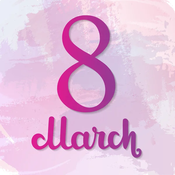 8 Mart Dünya Kadınlar Günü. Mor suluboya zemin üzerine tebrik kartı. Vektör çizim.