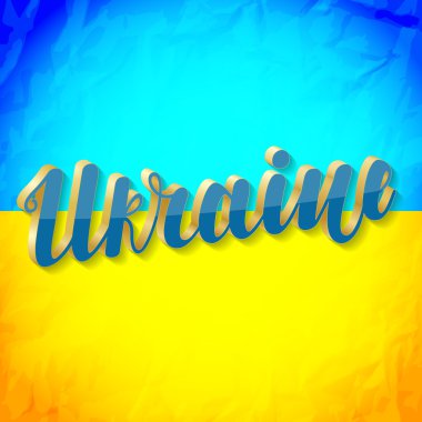Ukrayna mavi renk ile gölge arka planda Ukrayna bayrağı ile altın kenar 3d yazı. Vektör çizim.
