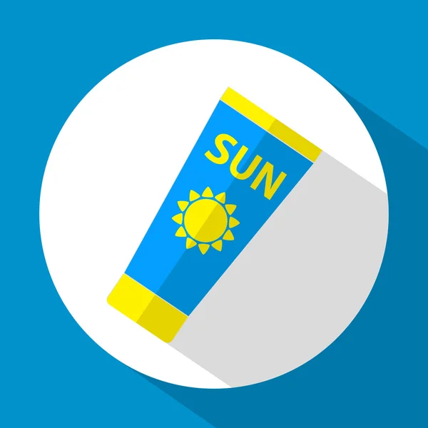 Sonnenpflege. Sonnenschutz. Sonnenschutzrohr flaches Symbol blaue und gelbe Farbe mit langem Schatten. flachen Design-Stil. Vektorillustration. eps10. — Stockvektor
