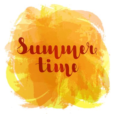 Arka plan imitasyon suluboya nokta portakal rengi harflerle yaz saati. Vektör çizim. Eps10.