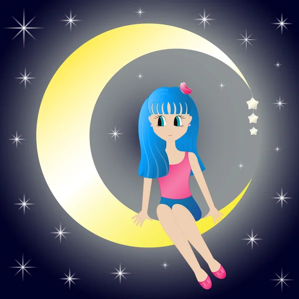 Menina bonito sentado sonhando na lua no fundo céu estrelado noite. Estilo dos desenhos animados. Ilustração vetorial. EPS10 . —  Vetores de Stock