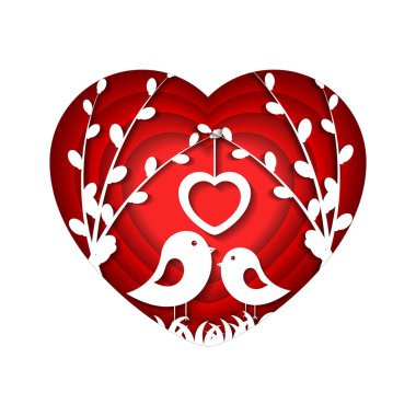 Baharda bir çift kuş. Sevgililer Günü tebrik kartı için vektör illüstrasyon. Kağıt sanatı. Kağıt kesme biçimi.