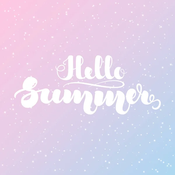 Hand lettering Hello Summer on sky cosmic background. Vector illustration for posters, banners, flyers, cards and more. Vector illustration. EPS10. — Archivo Imágenes Vectoriales