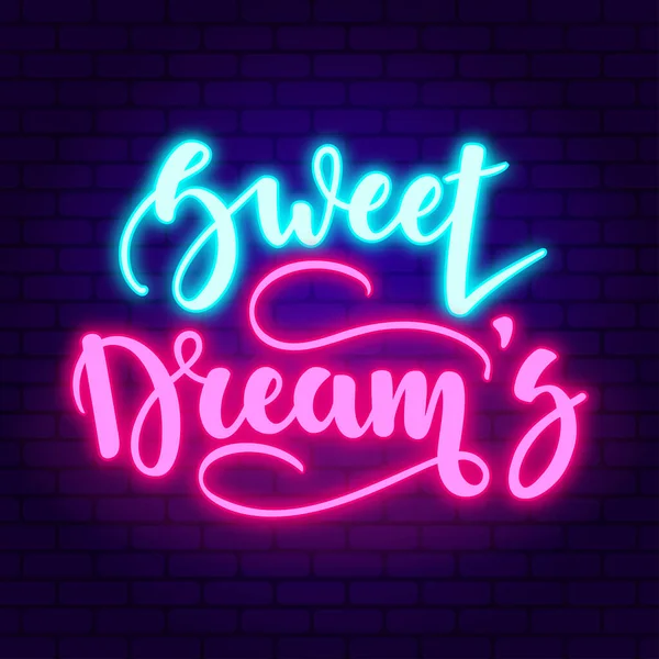 Sweet dreams. Glowing pink neon incription on dark brick wall background. — Stock Photo, Image