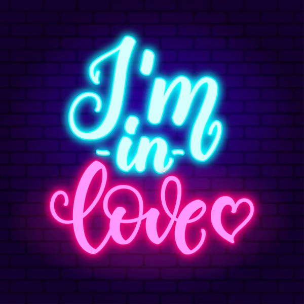 IM in in love neon. Glowing pink neon incription on dark brick wall background. — Stock Vector