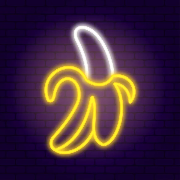 Neon banaan op donkere baksteen muur achtergrond — Stockvector