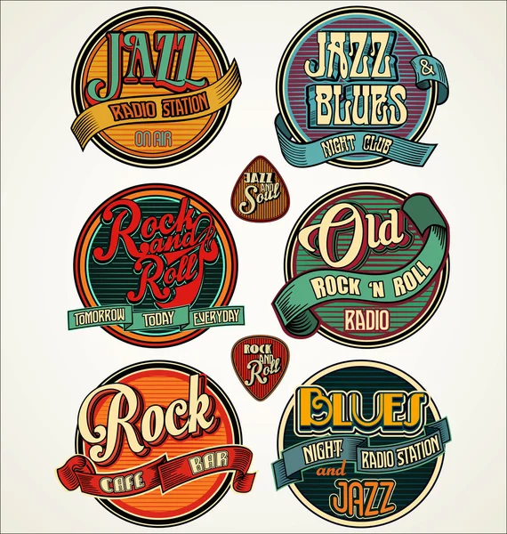 Rock jazz and blues retro vintage badges and labels collection — 图库矢量图片