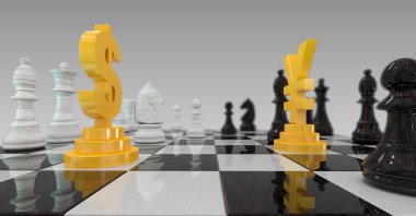 Dama Tahtası üzerinde para birimi savaş 3D çizimi