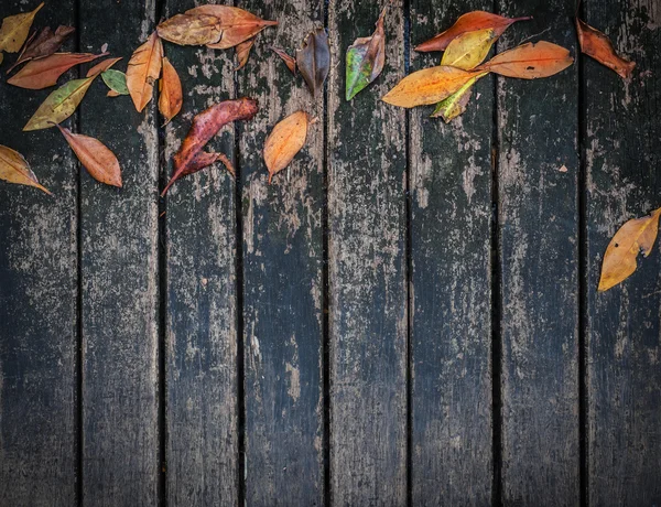 Dark old wooden floor with leaves background — Zdjęcie stockowe