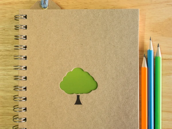 Libro realizzato con carta riciclata e matite colorate su scrivania in legno — Foto Stock