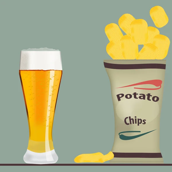 Упаковка чипсов и стакан пива — стоковый вектор