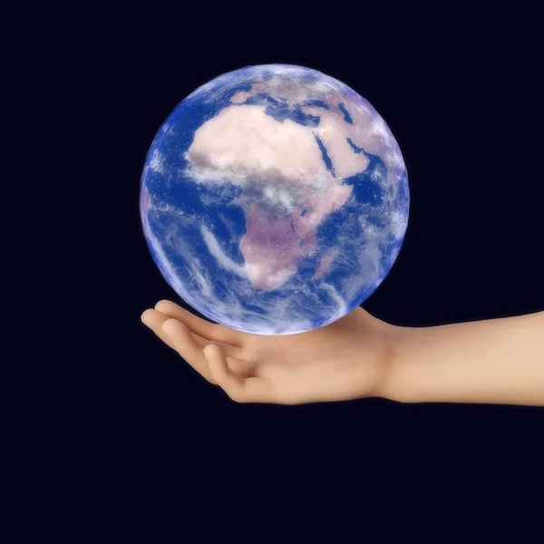 Globo azul na mão. ilustração 3d realista — Fotografia de Stock