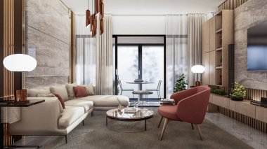 Modern Lüks Oturma Odası Modern Mobilya ve Mermer Sanat ile