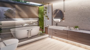 Serbest Küvet ve Yeşil Duvarlı Lüks Modern Tuvalet