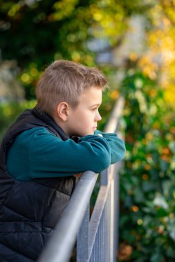 Metal bir çite yaslanan sevimli bir çocuk düşünceli bir şekilde sarı sonbahar yapraklarının arkaplanına bakar..