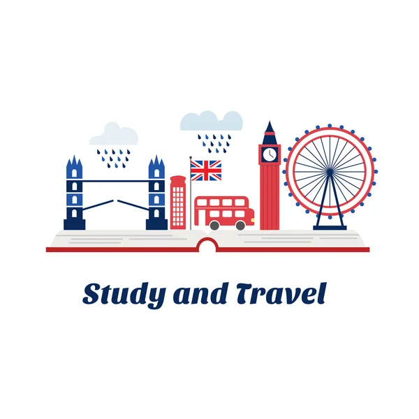 Kreativita koncept pro anglické kurzy nebo školy v Londýně. Otevřené knihy s Big Ben, London bus, červené telefonní budky, Tower bridge lze použít také jako logo cestovní kancelář. Ve vektoru. — Stockový vektor