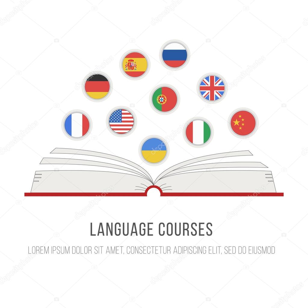 Concept for studying languages with open books. Perfect for language school, courses, poster or web-site. Easy to edit. Flat design vector illustration.