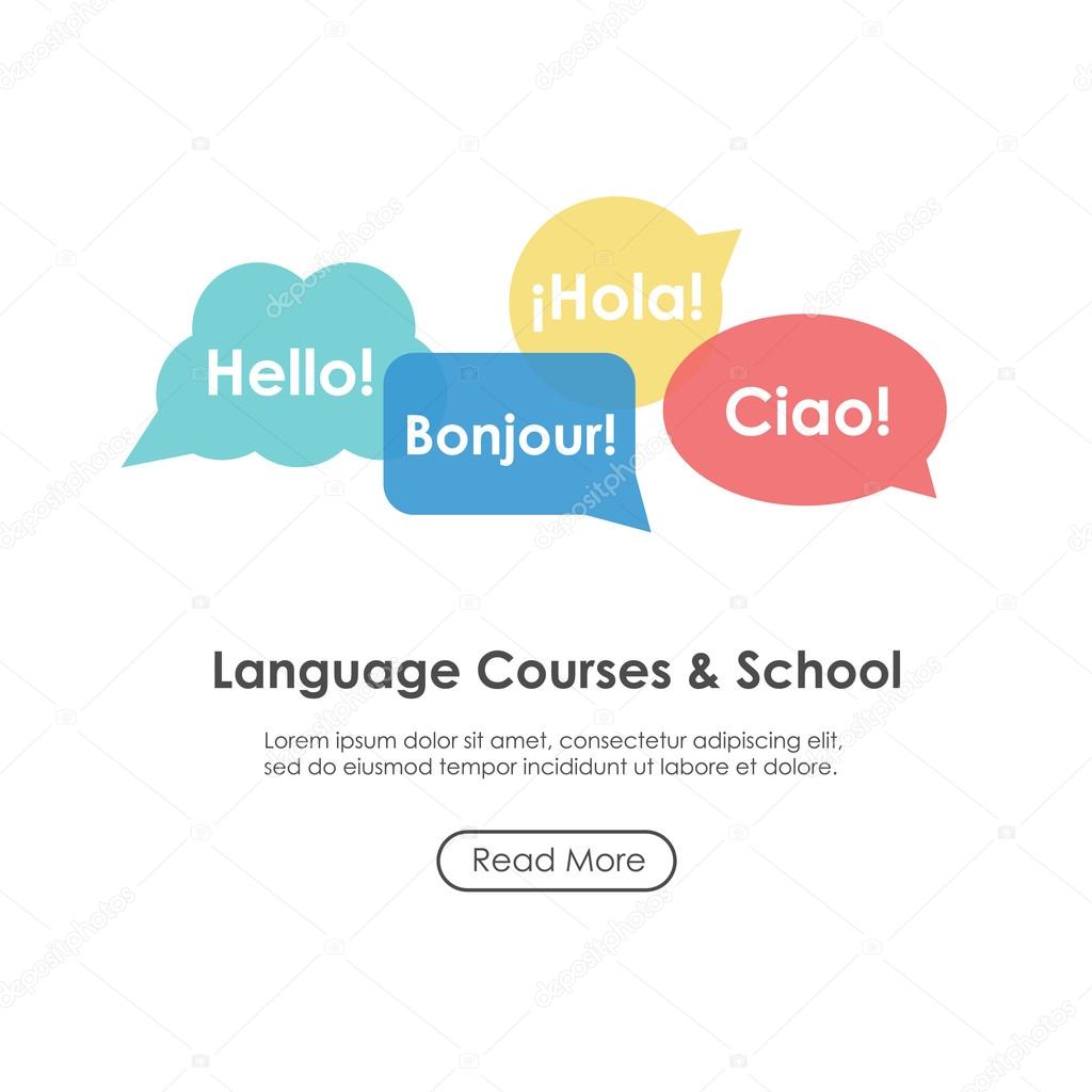 Language school poster, banner, template with speech bubbles. Inscriptions Hello in French, Italian and Spanish languages. Perfect for language course.