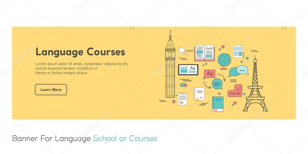 Web-Banner, poster for language school or courses. Made in vector in flat line style. Perfect for language web-site. With Chinese text Hello