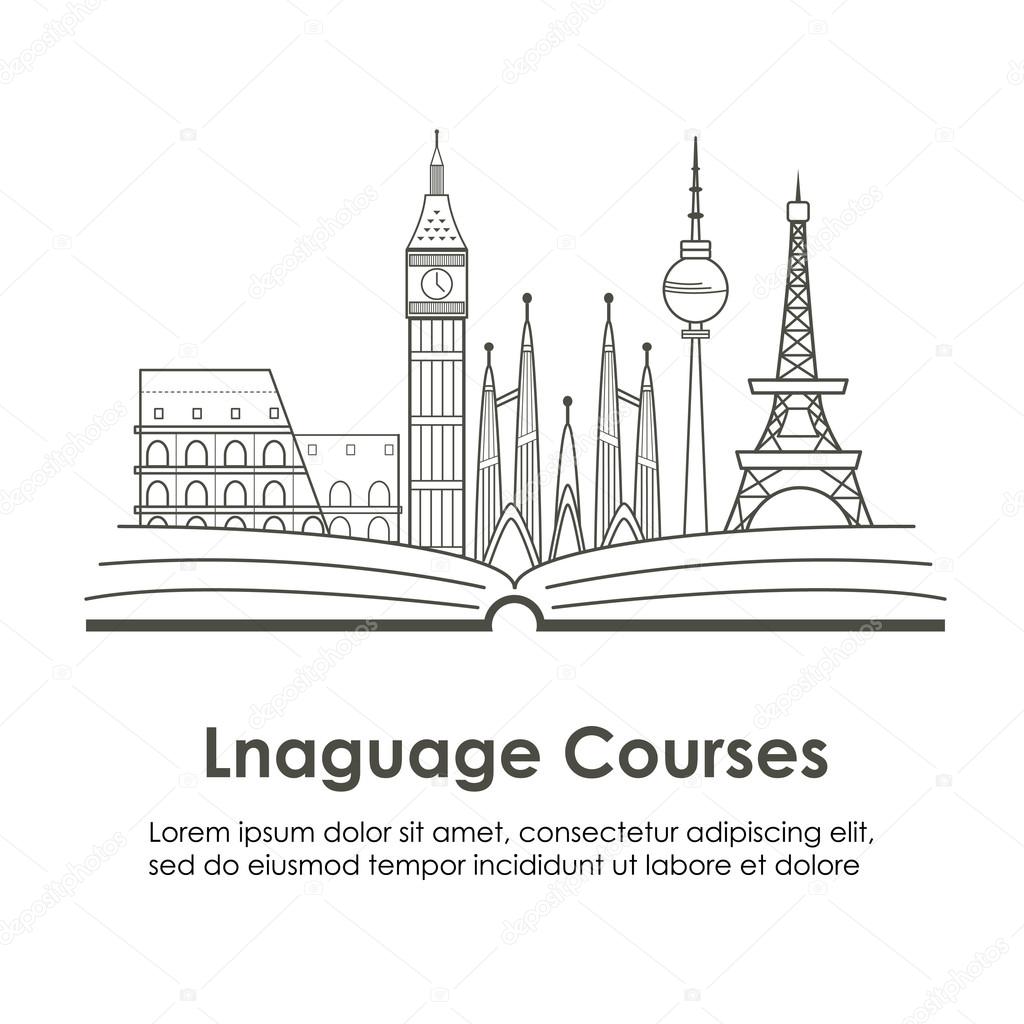 Logo for language courses or school with European landmarks. Made in vector line style.
