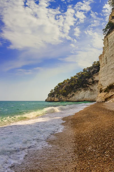 İtalya: Baia dei Mergoli beach (Apulia) en güzel kıyıları. Plajlar brigthly beyaz karstik kayalıklarla, zümrüt-mavi deniz, yeşillikler zeytin-ağaç, çam ormanları ile nefes kesen bir manzaralıdır.