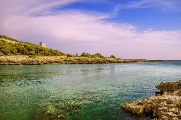 Salento。湾波尔图 Selvaggio: 在背景阿迪博物馆瞭望塔。意大利 (普利亚). — 图库照片