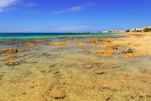 Apulia gyönyörű homokos strandjaitól. Salento partján: Torre Pali beach (Lecce). Olaszország (Puglia). A név abból a tizenhatodik századi Őrtorony. Az alacsony, homokos tengerpartja charactherized a mediterrán cserjések borított dűnék. — Stock Fotó
