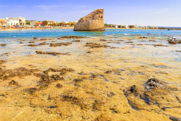 Zomer Salento kust: Torre Pali strand (Lecce). Italië (Apulië). De lage zandige kustlijn is charactherized door duinen bedekt met Mediterraan struikgewas. De naam komt van de zestiende-eeuwse wachttoren. — Stockfoto