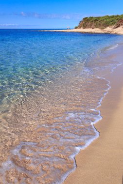 Punta Prosciutto sahilinin kumul denizi manzarası, İtalya 'nın güney bölgesindeki Apulia' nın Porto Cesareo kasabası yakınlarında bir sahil..