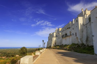Ostuni, şehir ile. Şehir duvar: Valle d'Itria.'ın panoramik manzarasını-İtalya (Apulia)-