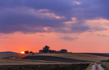 Kırsal yaz manzara. Apulia ve Basilicata arasında: çiftlik Hasattan sonraki gün batımında. İtalya