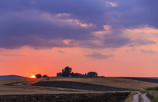 田舎の夏の風景。プーリア州とバジリカータ州: 夕暮れ時、収穫後農家。イタリア — ストック写真