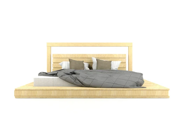 Modernes Holzbett im Loft-Design auf weißem Hintergrund — Stockfoto