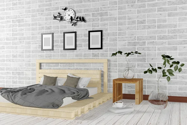 White minimální a interiér ložnice styl podkroví v jednoduché obývací koncept — Stock fotografie
