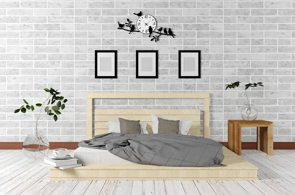 Branco interior do quarto estilo minimalista e loft em conceito de vida simples — Fotografia de Stock