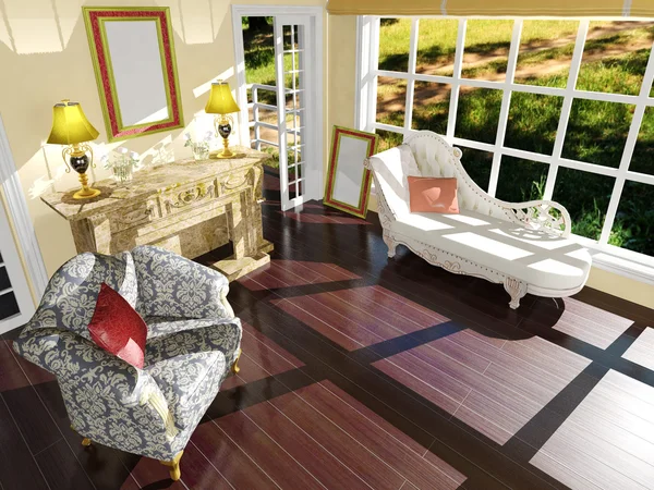 Decoración interior clásica sala de estar en la luz del día — Foto de Stock