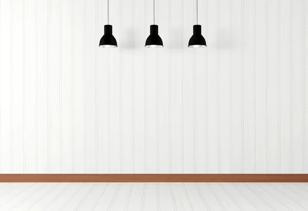 Branco quarto vazio interior com lâmpadas de teto — Fotografia de Stock