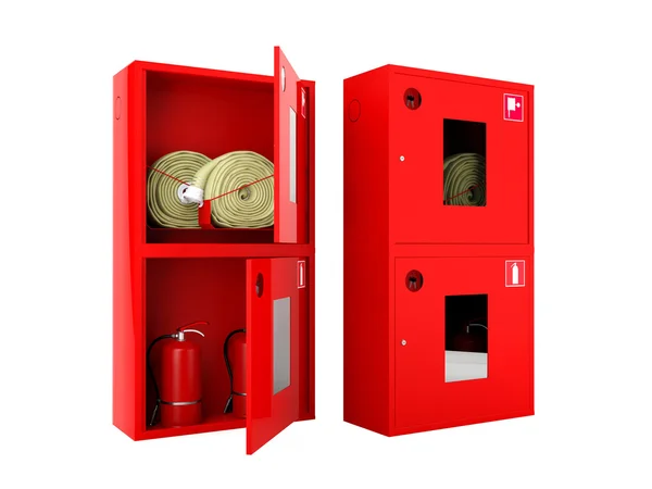 Tuyau d'incendie rouge et armoires d'extincteur sur fond blanc — Photo