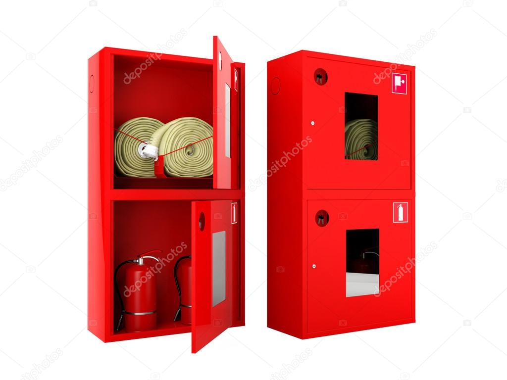 Red fire hose  and fire extinguisher cabinets on white background