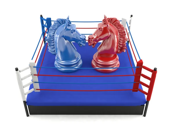 Caballero de ajedrez rojo y azul enfrentándose en el ring de boxeo — Foto de Stock