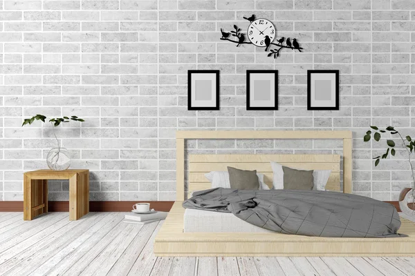 Interior kamar tidur bergaya minimal dan loteng putih dalam konsep hidup sederhana — Stok Foto