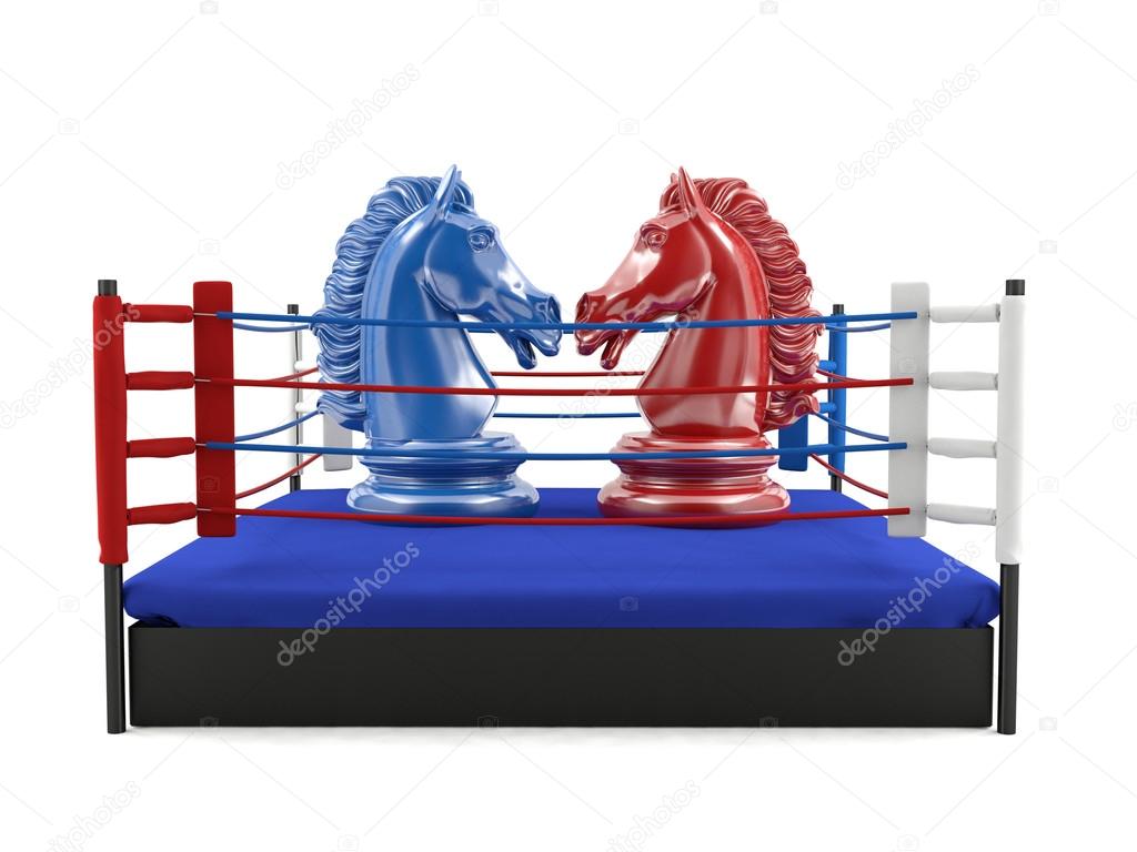 Red and blue chess knight confronting in boxing ring