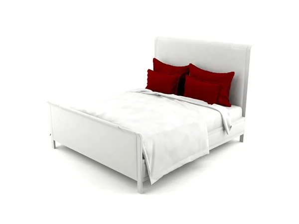 Cama blanca con almohadas rojas — Foto de Stock