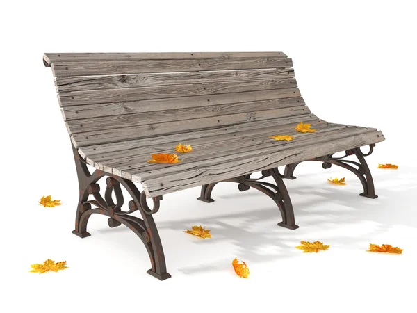 Wooden bench with dry yellow leaves on the ground isolated — Stock Photo, Image