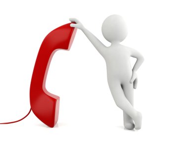 3d adam kırmızı telefon ile izole ayakta