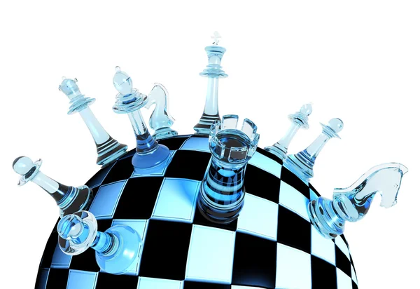 Piezas de ajedrez de vidrio azul en tablero de ajedrez globo —  Fotos de Stock